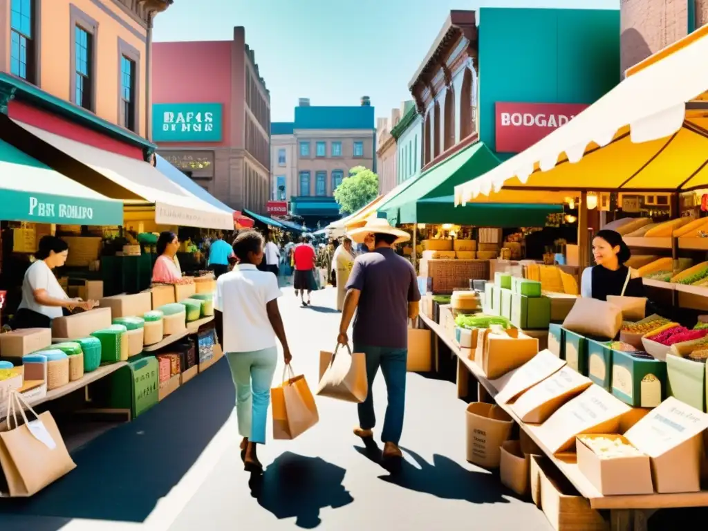 Imagen de un bullicioso mercado vintage con productos de papel biodegradable sostenible, colores vibrantes y actividad animada