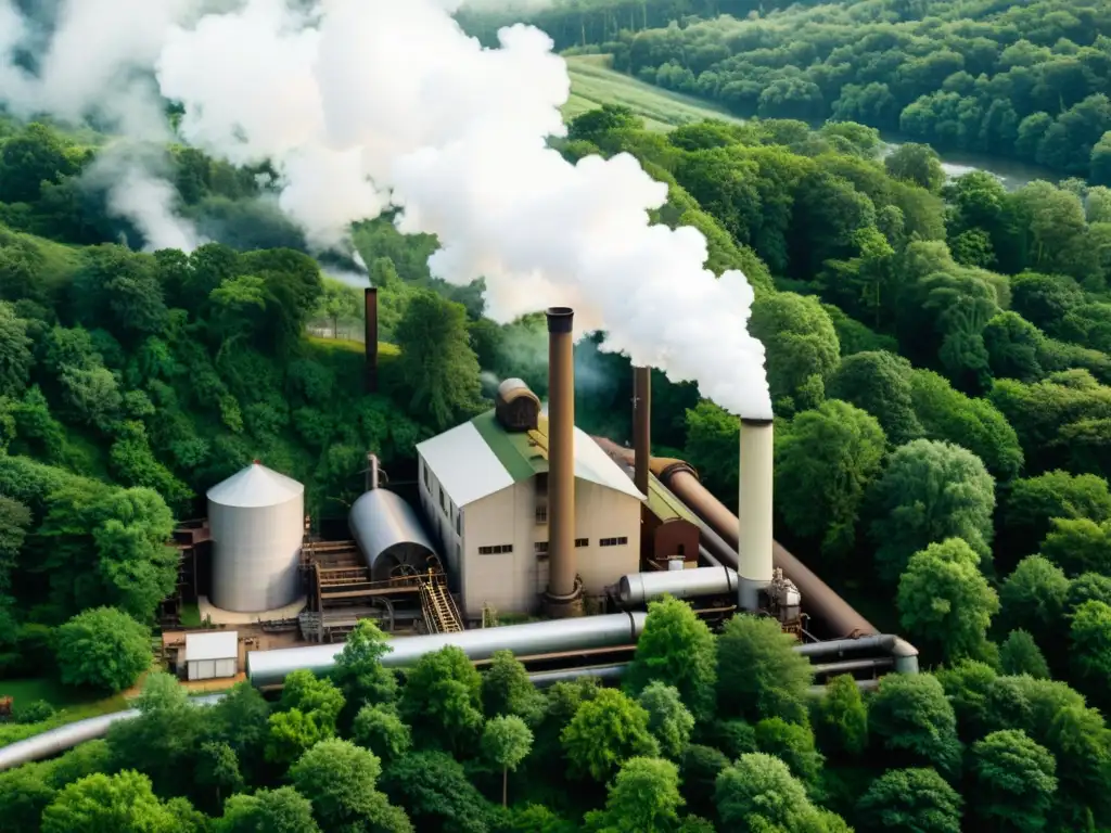 Una imagen 8k detallada de una antigua fábrica de papel rodeada de exuberantes bosques verdes