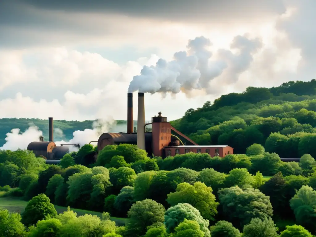 Una imagen detallada de una antigua fábrica de papel rodeada de exuberante vegetación, destacando la maquinaria y las nubes de vapor