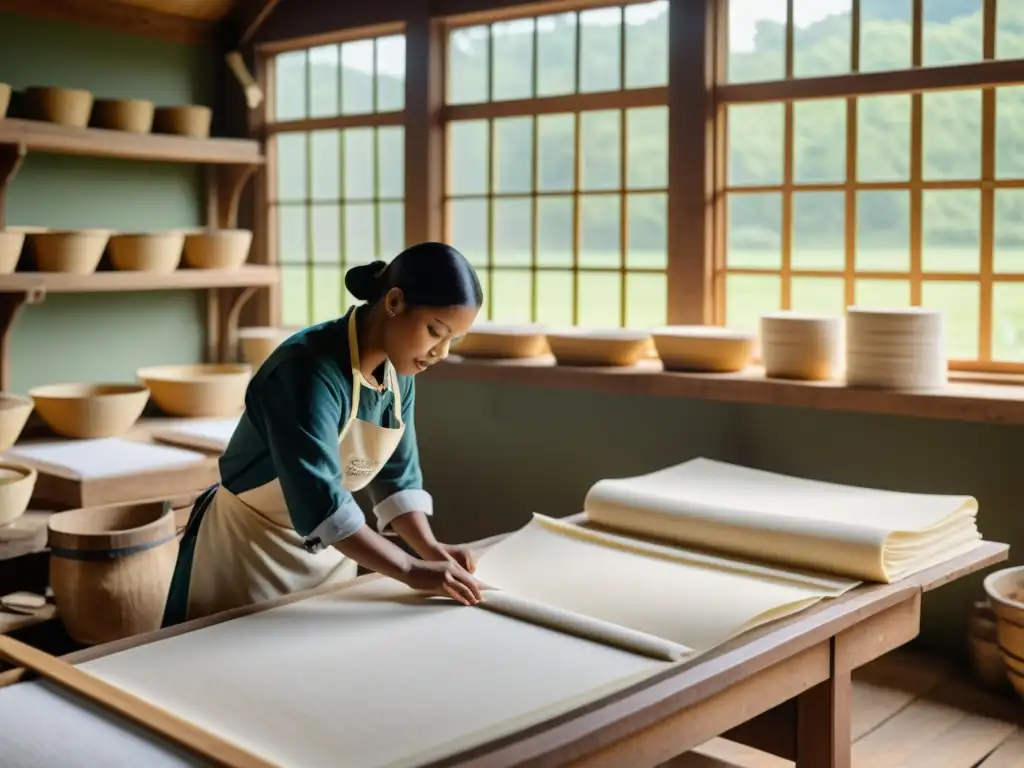 Imagen detallada de una antigua exposición de papel, artesanos crean papel a mano con técnicas tradicionales, herramientas de madera y luz natural