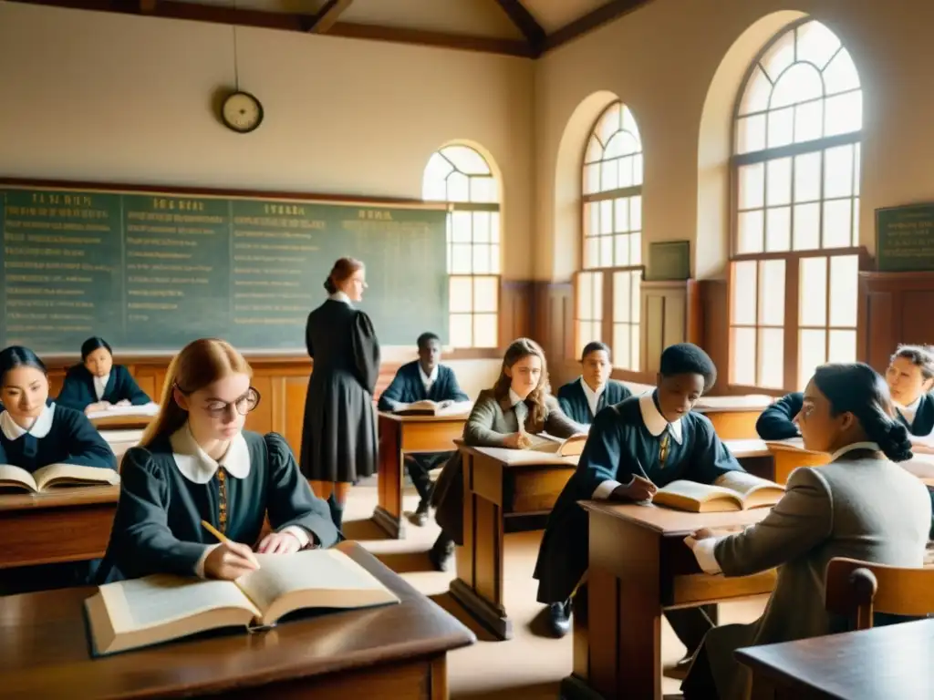 Imagen 8k detallada de aula vintage con estudiantes leyendo libros impresos en imprenta