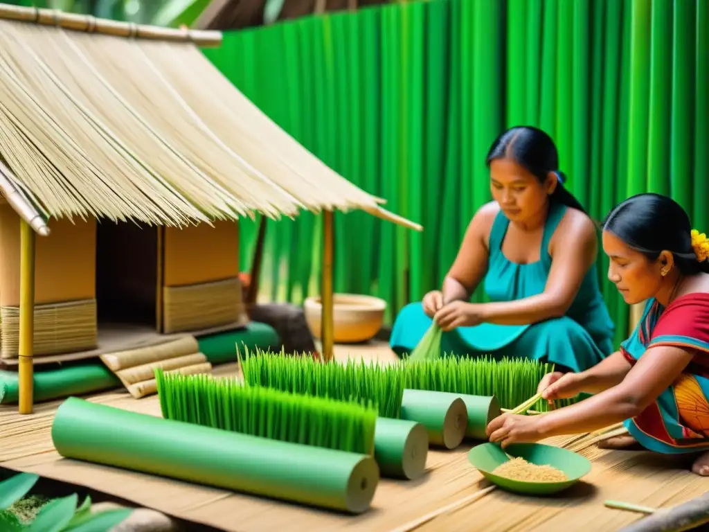 Imagen detallada en 8k de mujeres mayas elaborando papel de fibra vegetal y hombres construyendo estructuras de bambú en un pueblo asiático