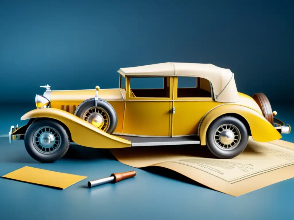 Una imagen de un detallado modelo 3D papercraft de un coche clásico, rodeado de bocetos y herramientas vintage, evocando artesanía y nostalgia