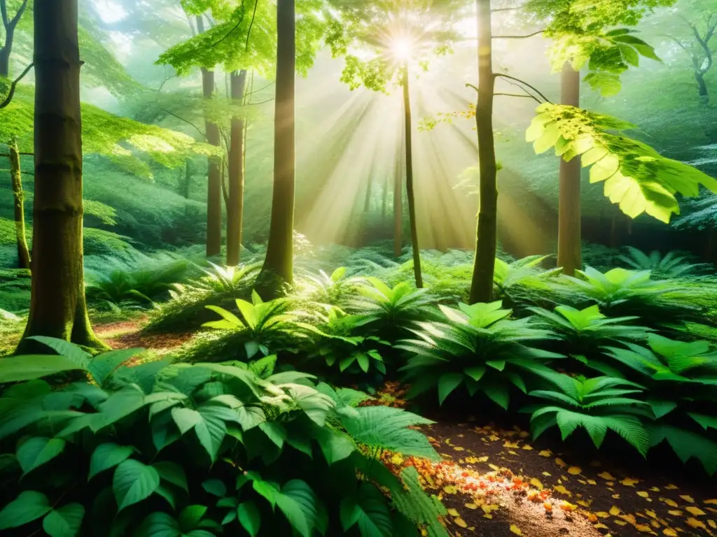 Imagen de un exuberante bosque bañado por la luz solar, resaltando las hojas verdes