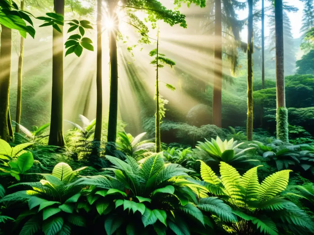 Imagen de un exuberante bosque con luz solar filtrándose entre la frondosa vegetación, destacando la belleza natural y sostenible del entorno