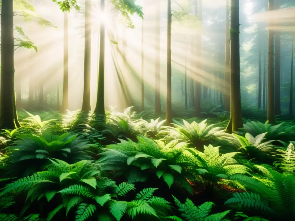 Imagen de un exuberante bosque vintage con luz solar filtrándose a través del dosel, creando patrones de luz y sombra en el suelo del bosque