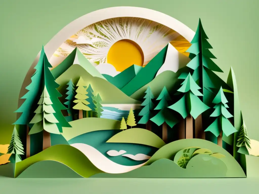 Imagen de un exuberante paisaje de bosque en papel en la impresión 3D, con árboles, río y montañas detallados en papel