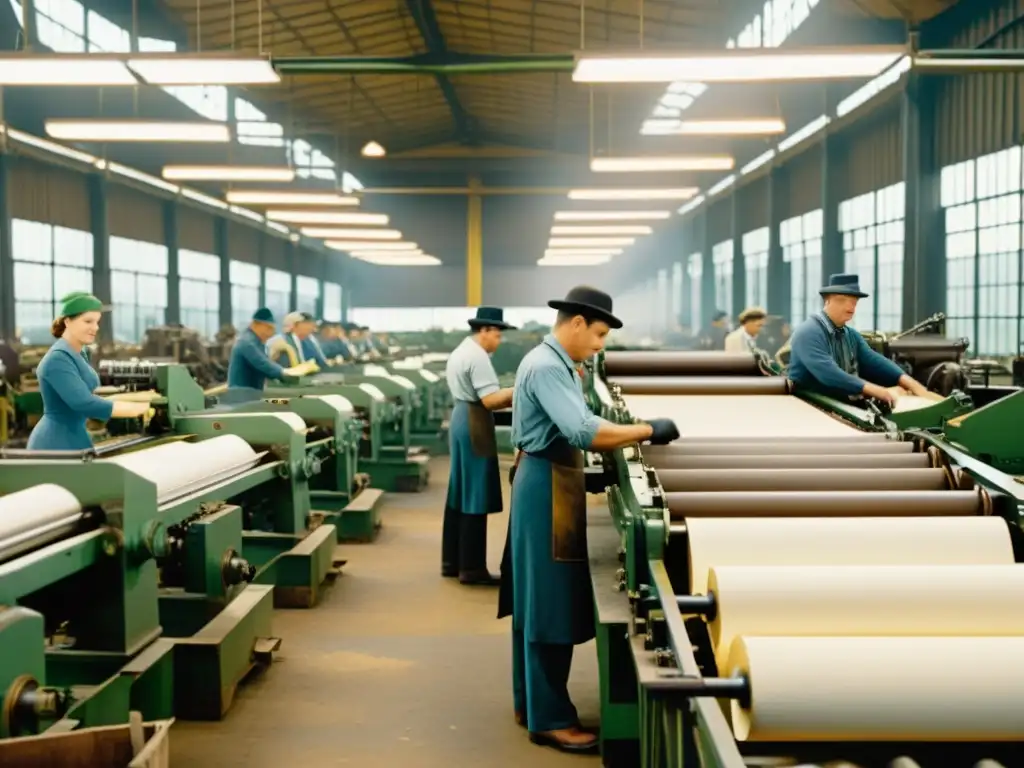 La imagen muestra una fábrica de imprenta vintage con trabajadores operando grandes máquinas, produciendo y clasificando papel