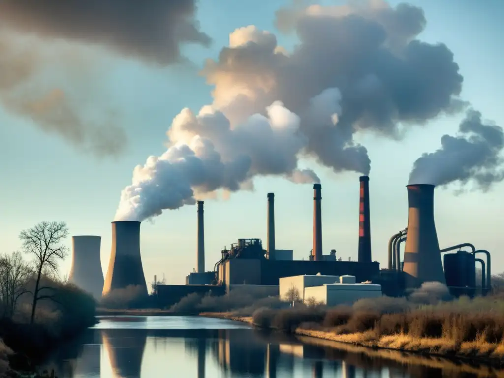 Una imagen sepia de una fábrica de papel rodeada de humo, árboles sin hojas y agua sucia