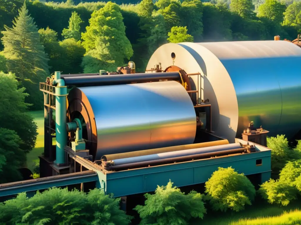 Imagen de una fábrica de papel vintage en plena actividad rodeada de árboles verdes y un cielo azul