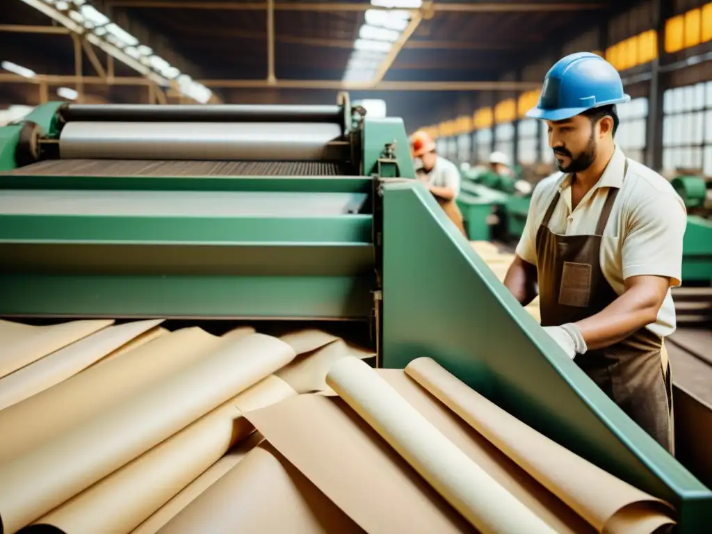 Imagen de fábrica vintage de reciclaje de papel, con trabajadores y maquinaria, evocando la calidad y sostenibilidad del papel reciclado