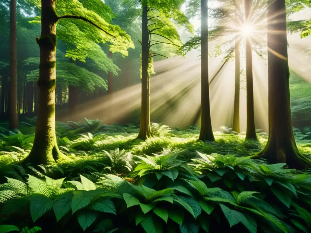 Imagen de un frondoso bosque verde con luz solar filtrándose entre los árboles, creando sombras moteadas en el suelo