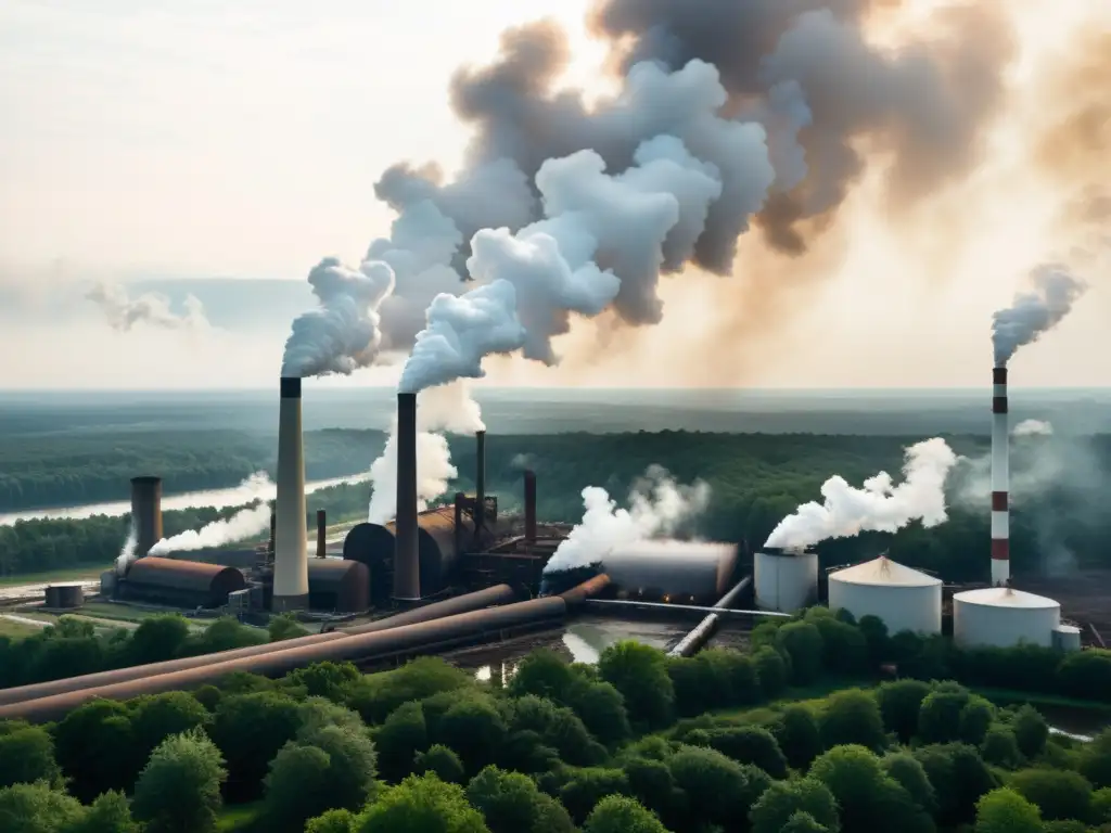 Imagen impactante de una fábrica de papel vintage con humeantes chimeneas y un entorno natural contaminado