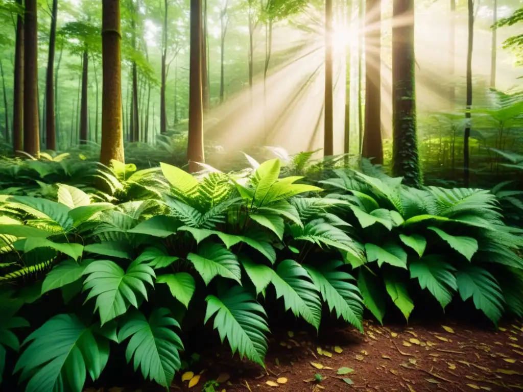 Imagen impactante del bosque, con luz solar entre las hojas