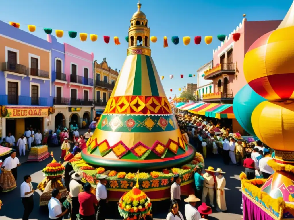 Imagen de impacto cultural del papel maché en festival callejero mexicano con figuras folklóricas y ambiente festivo tradicional