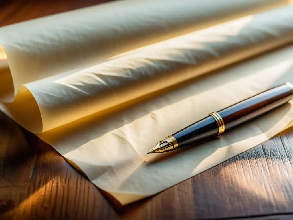 Pergamino vintage con pluma antigua en escritorio de madera Una imagen nostalgia: papel pergamino crema arrugado sobre escritorio madera, pluma antigua