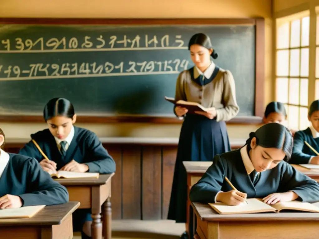 Una imagen nostálgica de un aula tradicional, con estudiantes escribiendo en papel con plumas de tinta