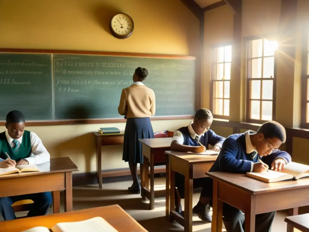 Imagen nostálgica de una aula vintage con estudiantes escribiendo y leyendo, bañada por la cálida luz del sol