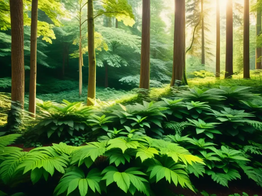 Imagen nostálgica de un exuberante bosque con follaje verde vibrante, capturada con tonos cálidos y evocando la conexión con la naturaleza