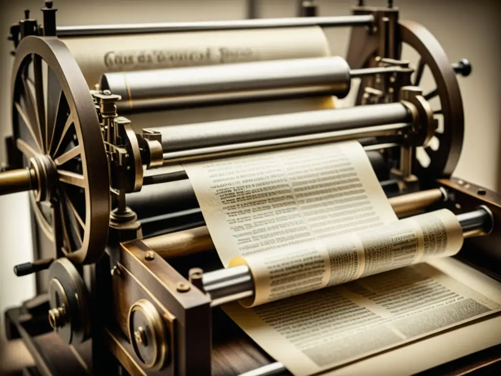 Imagen de una prensa de Gutenberg en acción, con detalles intrincados y textura del papel