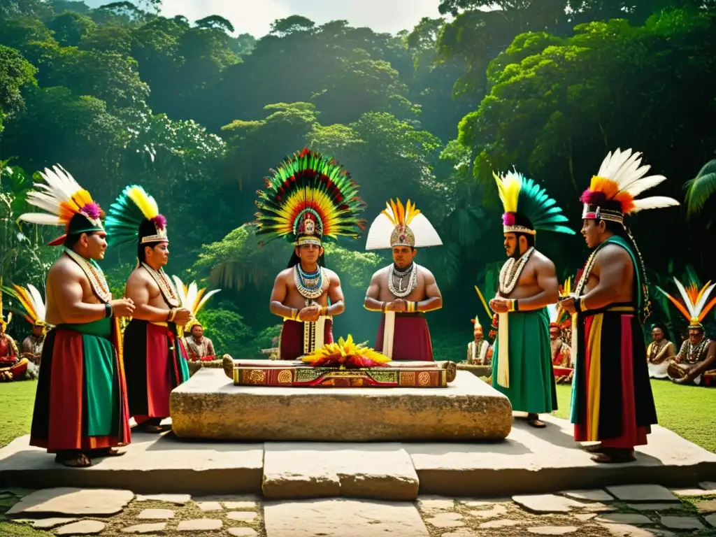 Imagen de un ritual maya en la selva con papel como ofrenda en rituales, suntuosos detalles y atmósfera reverente