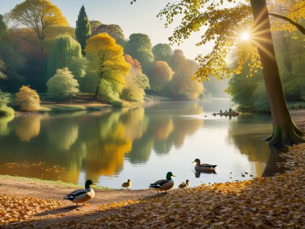 Imagen vintage de un apacible escenario fluvial con patos nadando y hojas en el agua