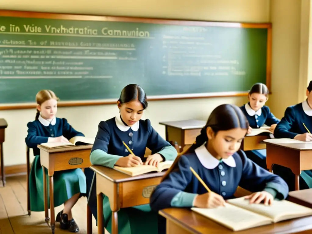 Imagen vintage de aula del siglo XX con estudiantes usando materiales educativos en papel, resaltando el impacto del papel en la comunicación visual y el aprendizaje histórico