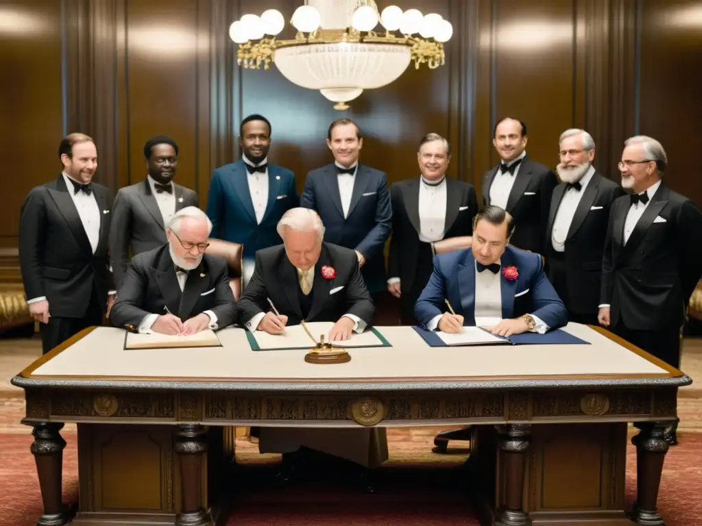 Imagen vintage en blanco y negro de diplomáticos de diferentes países firmando tratados en una mesa ornamentada