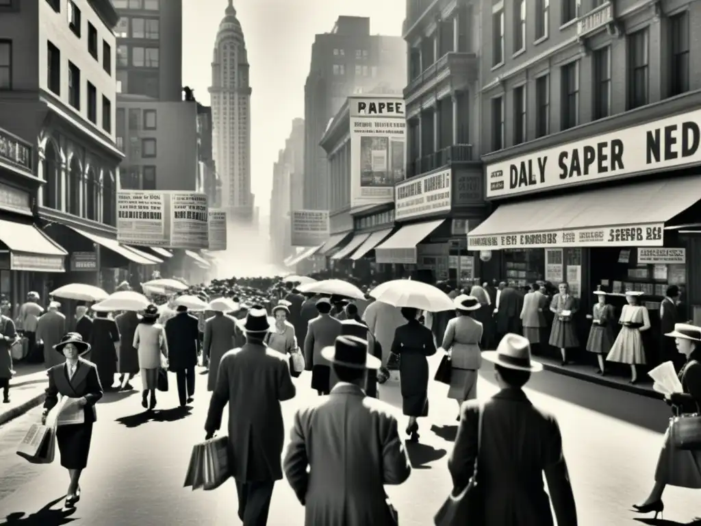 Imagen vintage en blanco y negro de una bulliciosa calle de la ciudad, donde la tecnología transforma el ciclo de vida del papel en la sociedad