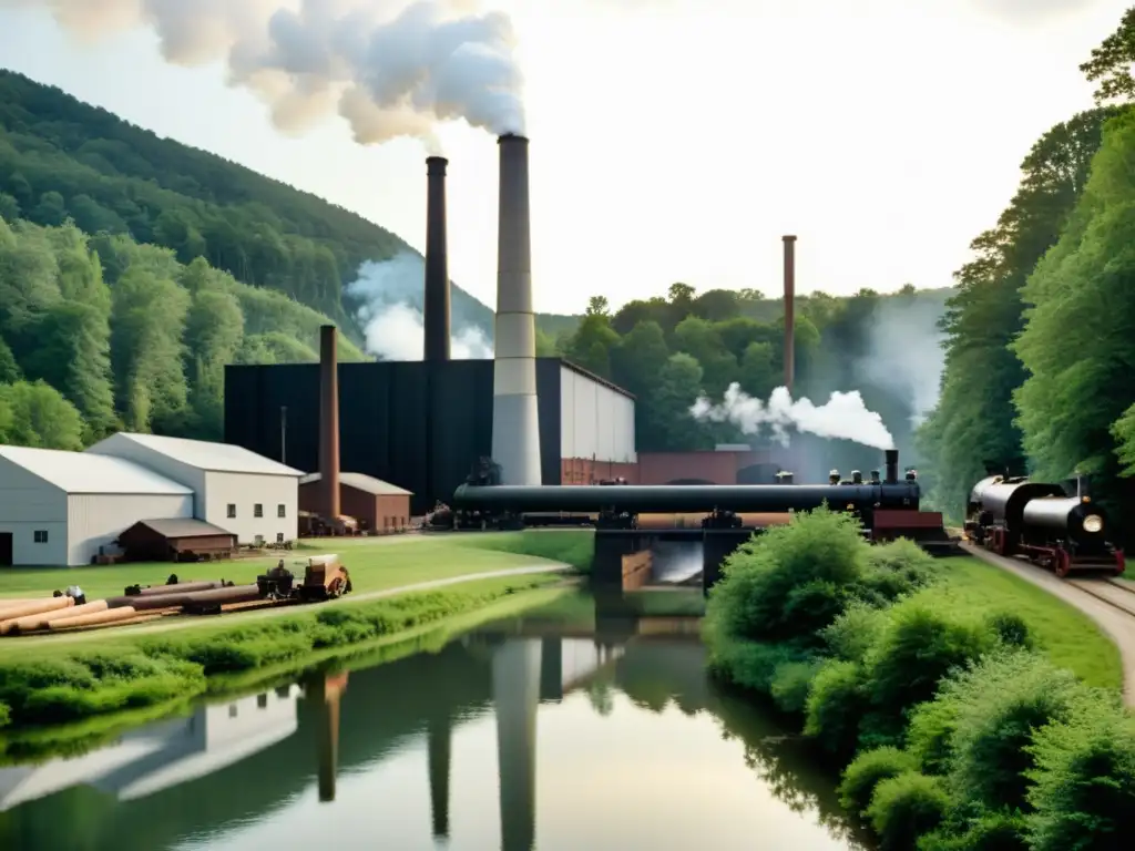 Imagen vintage en blanco y negro de una fábrica de papel rodeada de naturaleza, reflejada en un río sereno, evocando la evolución de la fabricación de papel y su impacto cultural en el entorno