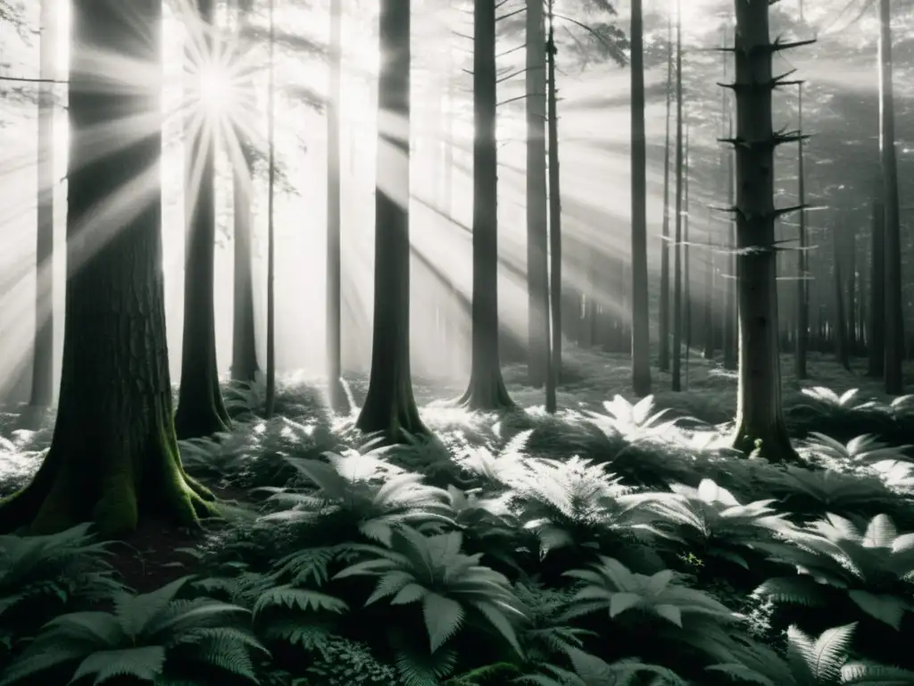 Imagen vintage de un bosque denso con luz solar filtrándose a través del dosel, creando sombras moteadas en el suelo