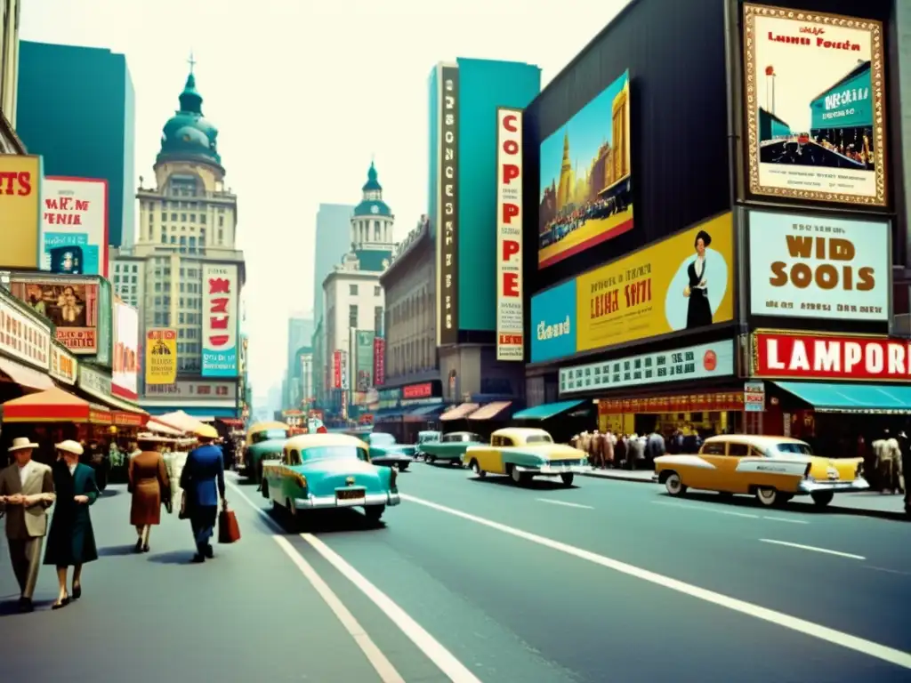 Imagen vintage de una bulliciosa calle de la ciudad en el siglo XX, con impacto cultural de la cartelería de papel en el paisaje urbano