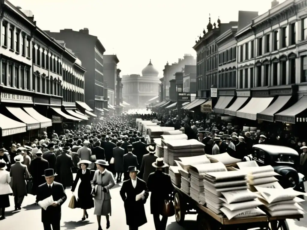 Imagen vintage de bulliciosa calle del siglo XX con impacto cultural y tecnológico del papel en pleno auge