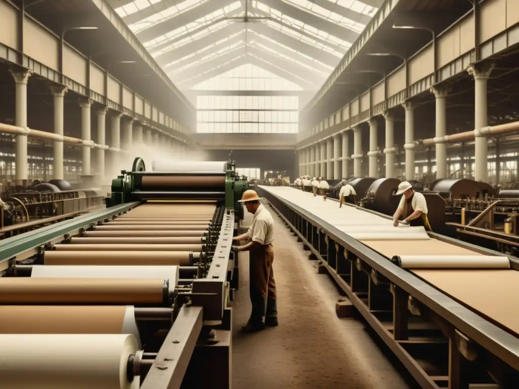 Imagen vintage de una bulliciosa fábrica de papel del siglo XIX, con trabajadores y maquinaria, evocando la evolución del papel en la historia