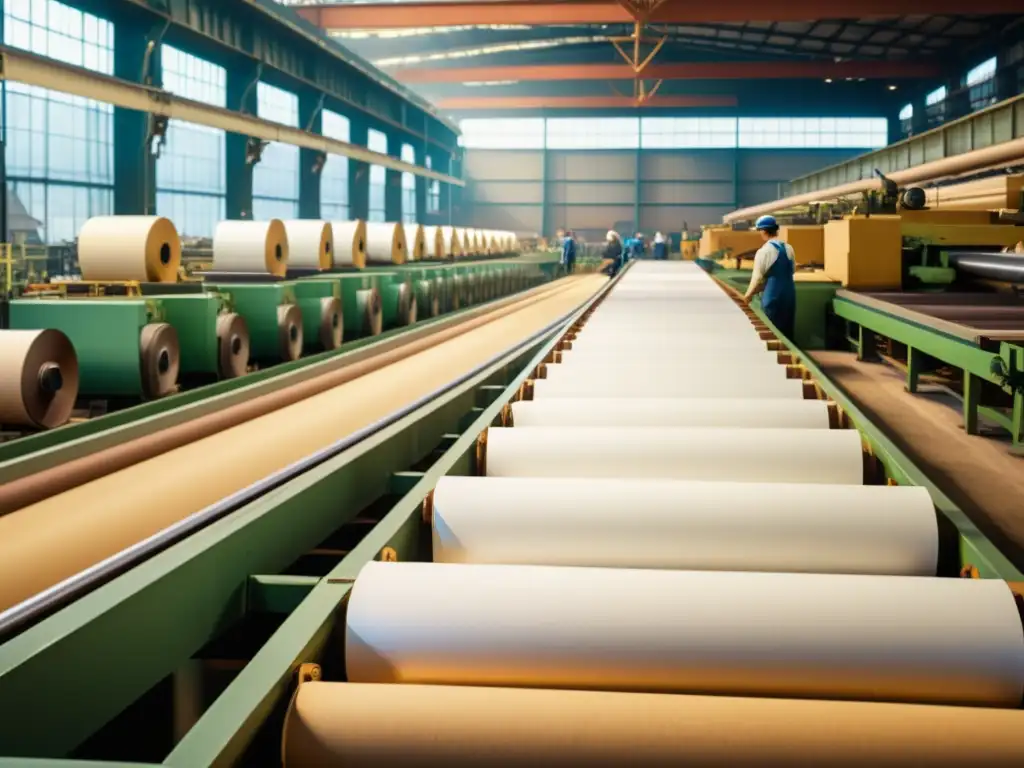 Imagen vintage de una bulliciosa fábrica de papel, con trabajadores supervisando la producción de rollos de papel en maquinaria vintage