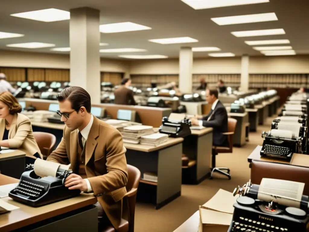 Imagen vintage de una bulliciosa redacción con periodistas, máquinas de escribir y cámaras vintage capturando el impacto cultural del papel en la era digital