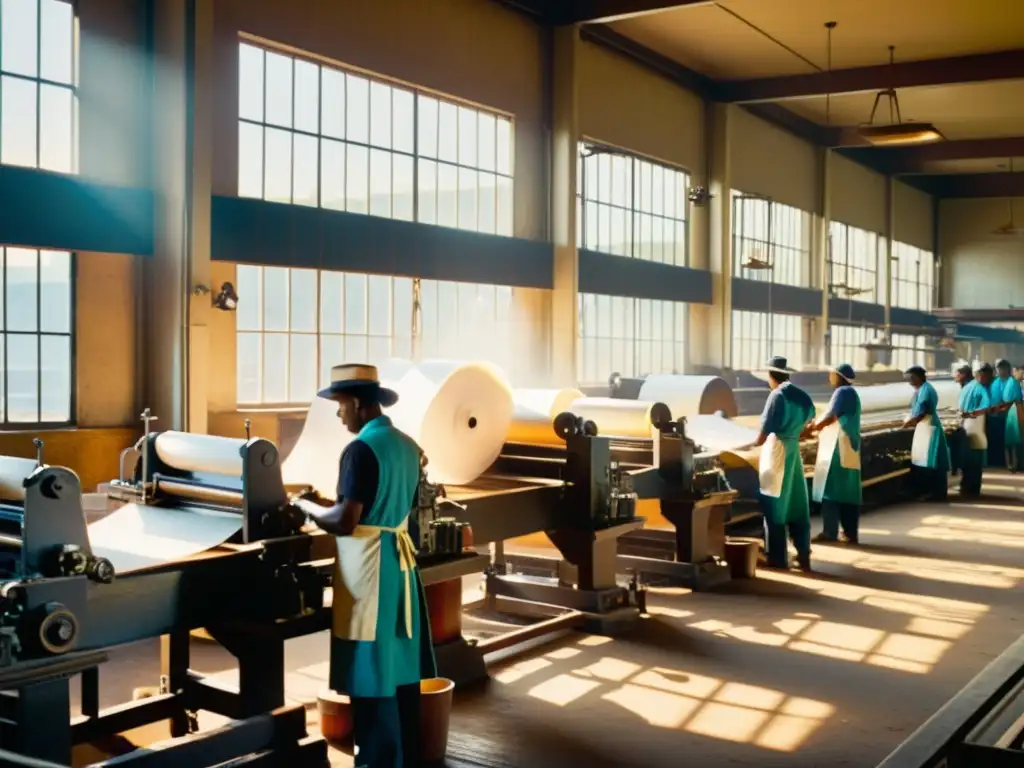 Una imagen vintage de una bulliciosa sala de imprenta con trabajadores operando grandes máquinas, papel y barriles de tinta