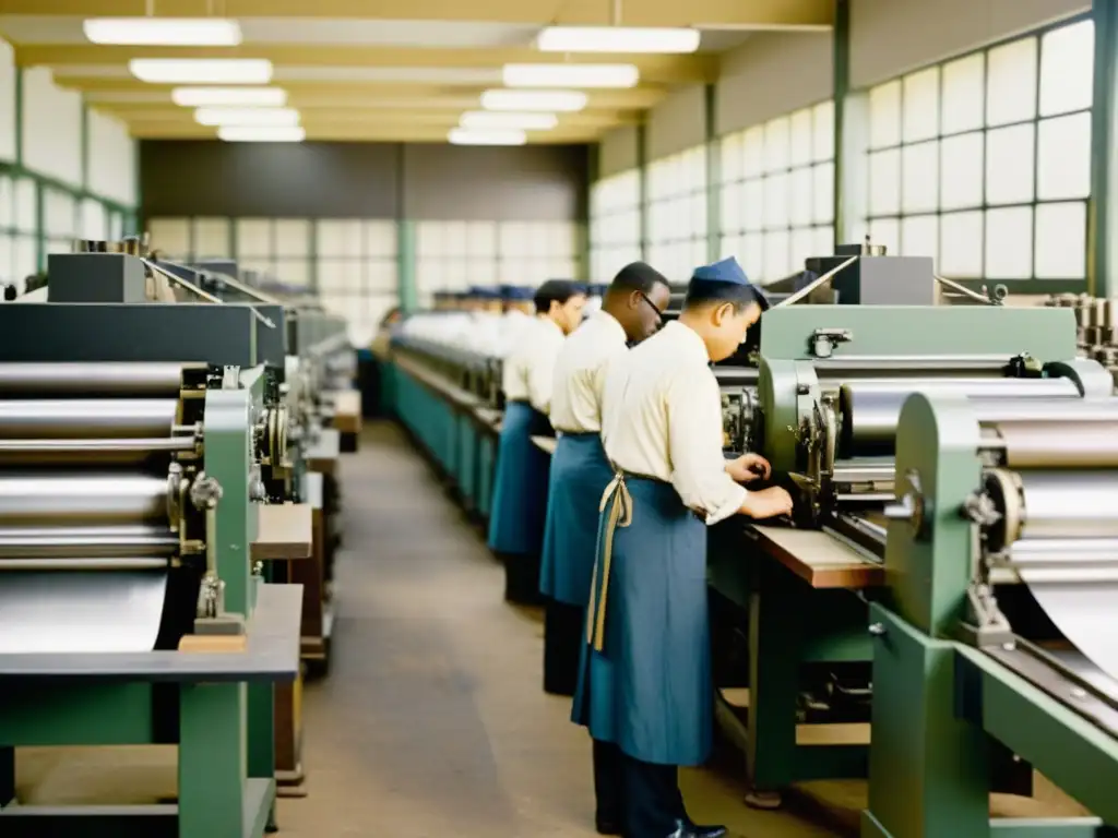 Imagen vintage de una bulliciosa sala de imprenta, con trabajadores en atuendo clásico organizando tipos metálicos y operando grandes máquinas