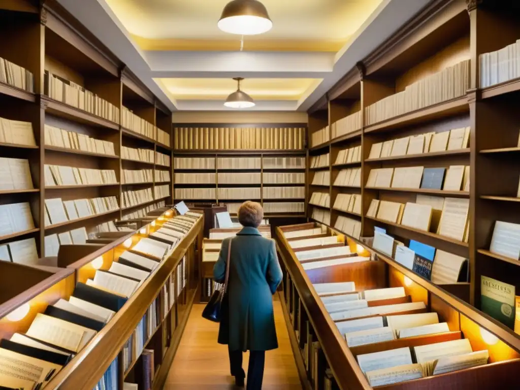 Imagen vintage de una bulliciosa tienda de música del siglo XX, evocando el impacto cultural del papel en la música