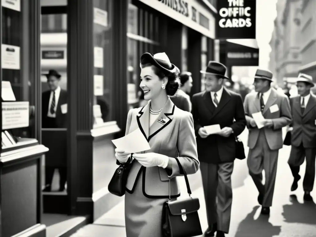 Imagen vintage de una concurrida calle de la ciudad en blanco y negro, con personas intercambiando tarjetas de negocio en trajes de los años 50