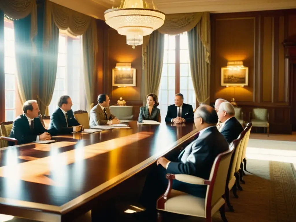 Una imagen vintage de diplomáticos de diferentes países en una intensa discusión en una elegante sala de conferencias