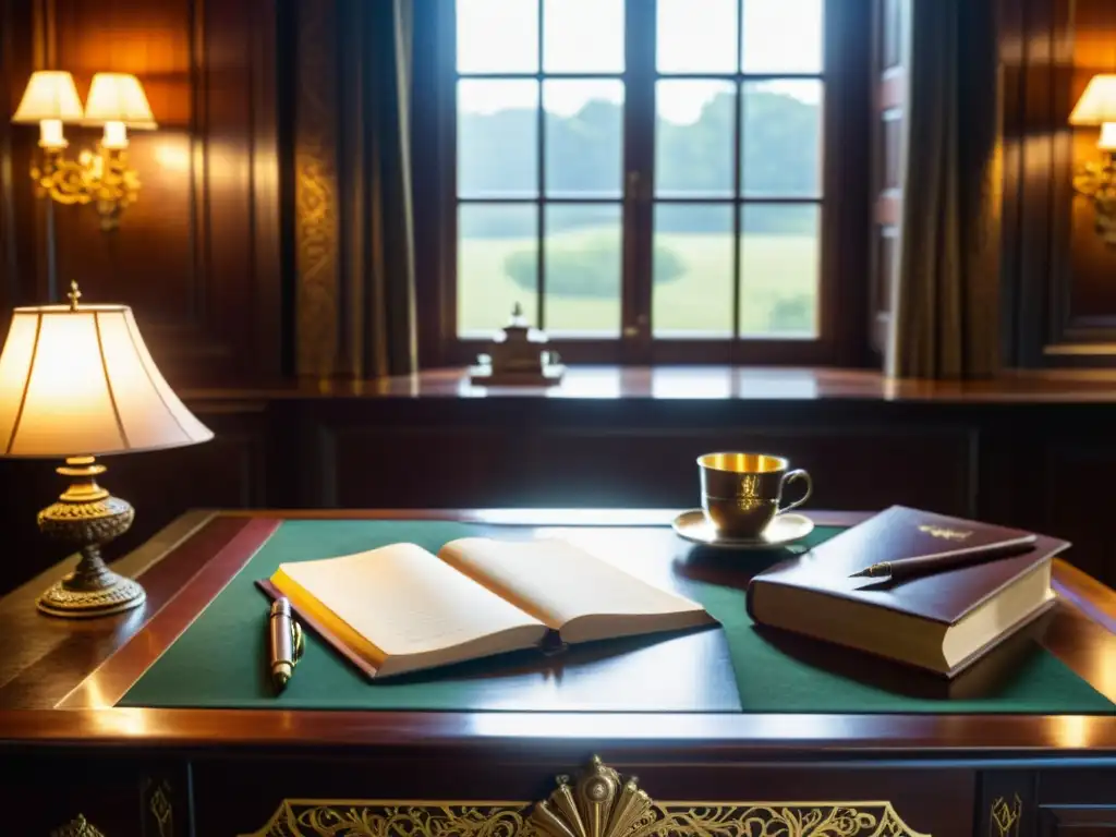 Imagen vintage de una elegante sala de estudio con papel en la era criptografía, escritorio de madera oscura, cuero y pluma