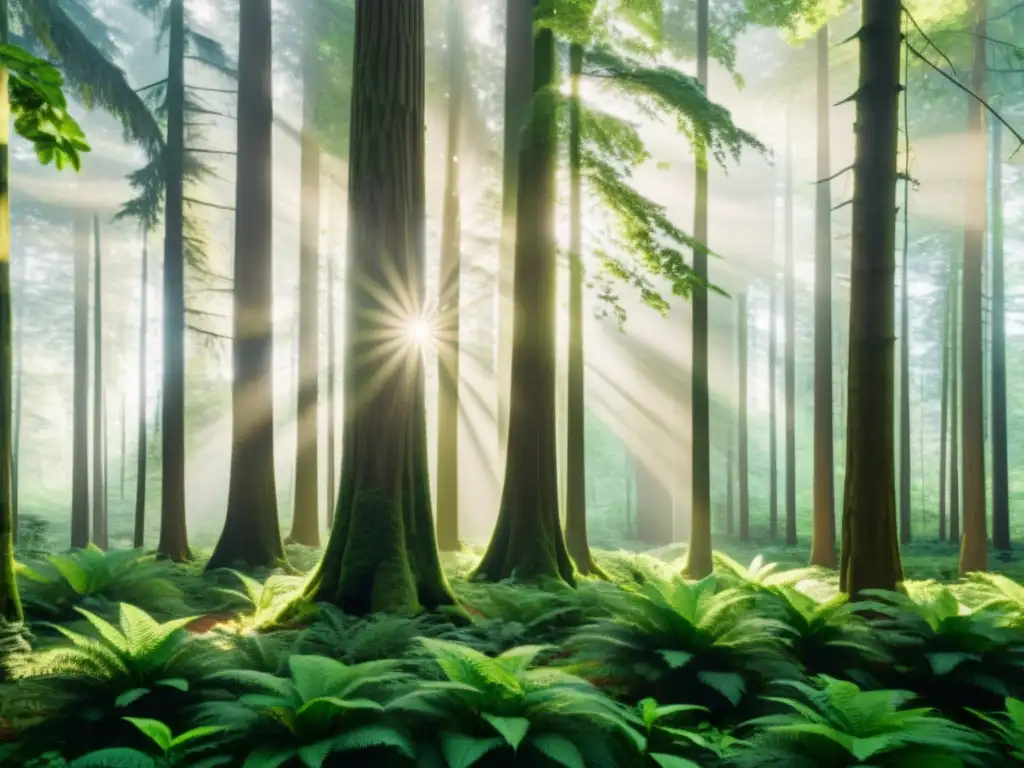 Imagen vintage de un exuberante bosque con árboles altos y luz solar filtrándose