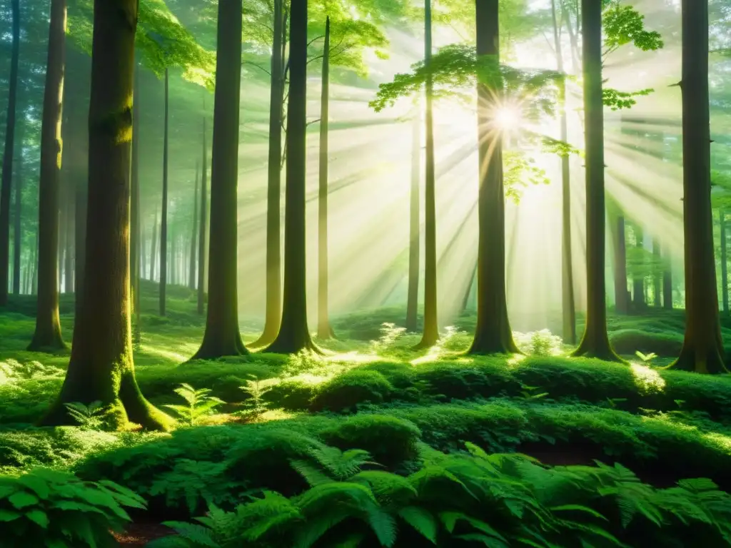 Imagen vintage de un exuberante bosque con luz solar filtrándose a través del denso dosel, creando sombras moteadas en el suelo