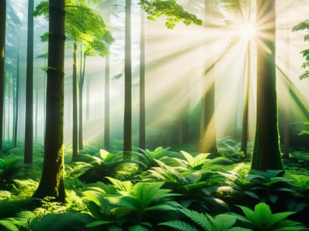 Imagen vintage de un exuberante bosque con luz solar filtrándose entre el dosel, mostrando la belleza natural y biodiversidad de la industria papelera sostenible