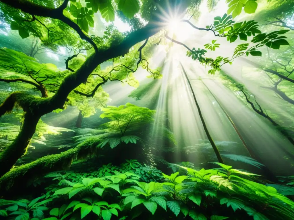 Imagen vintage de un exuberante bosque, con rayos de sol iluminando la frondosa vegetación, evocando armonía ambiental y el impacto positivo del papel