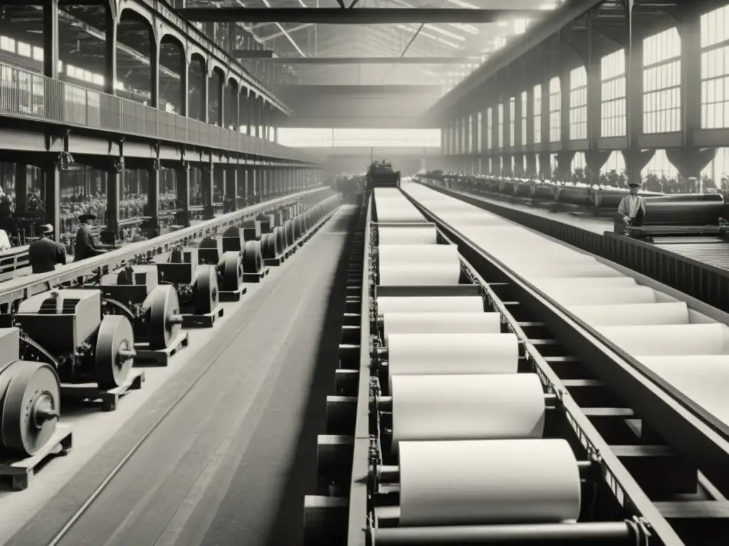 Imagen vintage de una fábrica de papel durante la revolución industrial, con trabajadores, maquinaria y productos terminados, mostrando la energía de la época