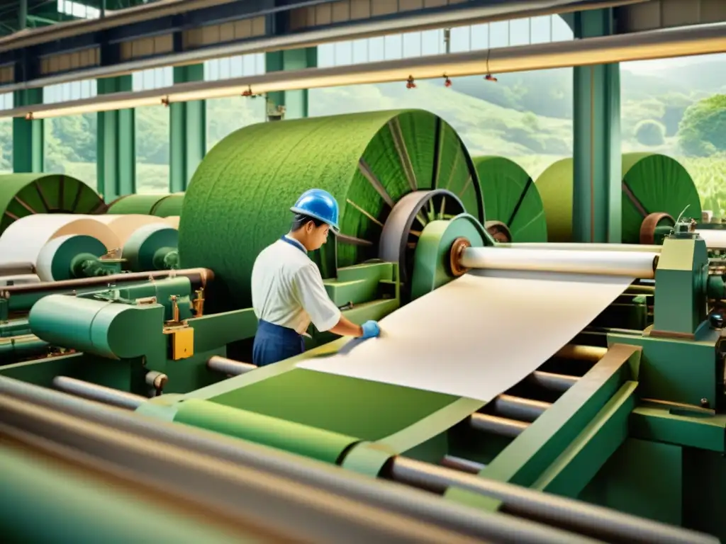 Imagen vintage de una fábrica de papel en operación rodeada de exuberante vegetación, con trabajadores laborando entre la maquinaria