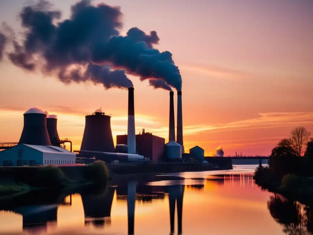 Imagen vintage de una fábrica de papel al atardecer, reflejada en un río tranquilo