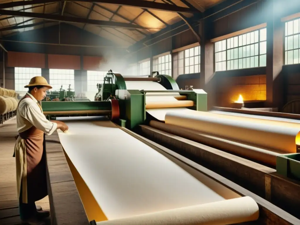 Imagen vintage de una fábrica de papel tradicional, trabajadores en atuendo histórico y equipos tradicionales en un entorno rústico